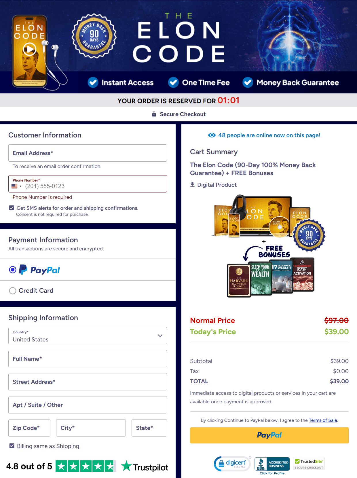 The Elon Code-checkout page